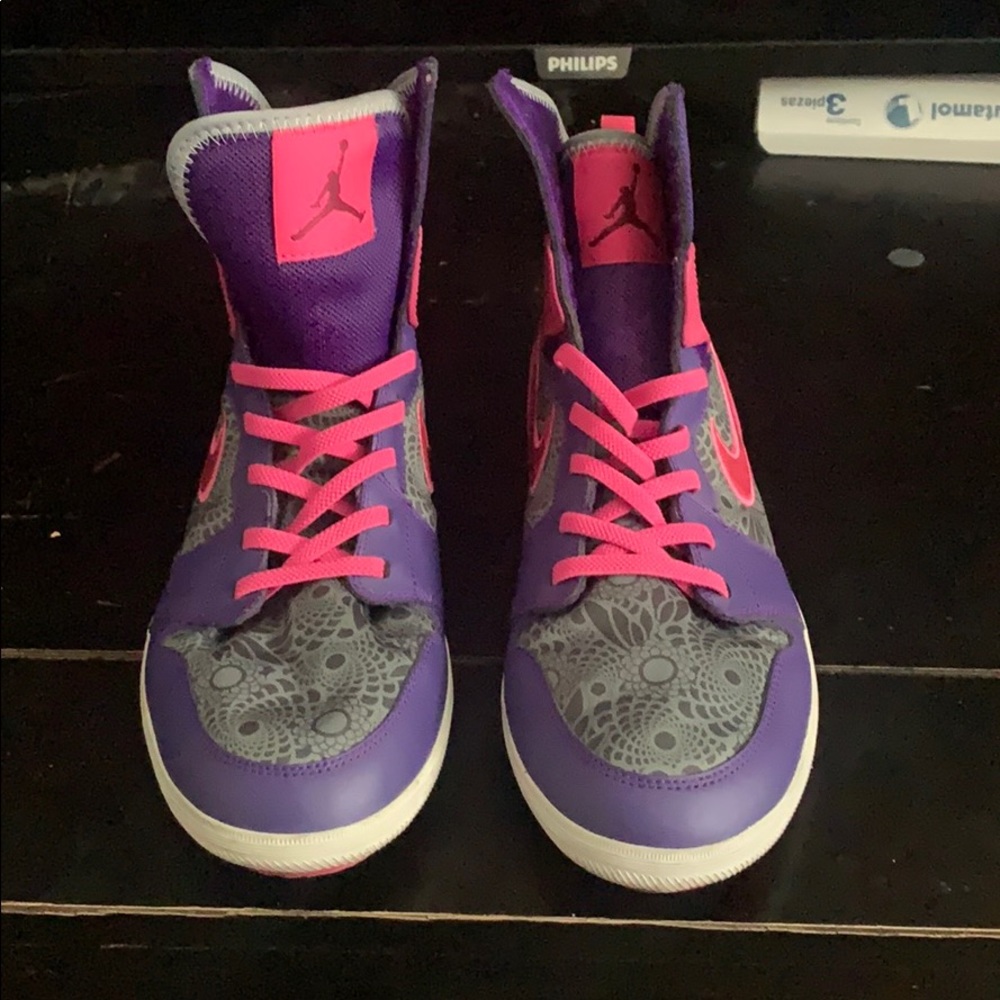Pink/Purple/Gray high top Jordan’s